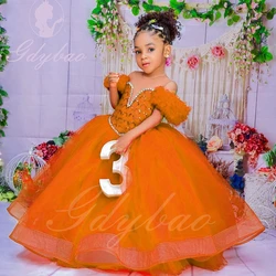 Orange Tulle Flower Girl Dress for Wedding Floor Length Puffy Applique Princess Kids Birthday Party First Communion Ball Gown