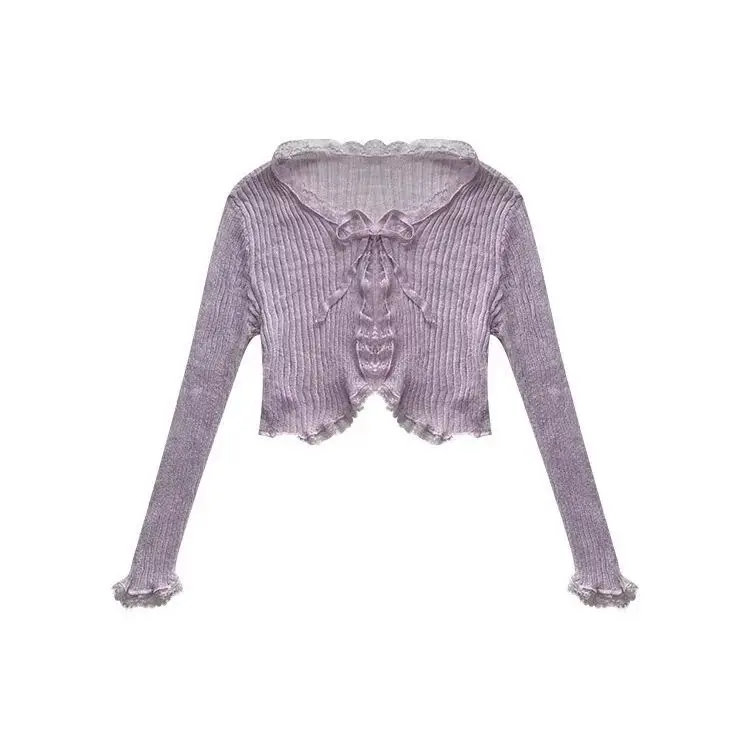 Tie Thin Short Knitted Cardigan Women Summer Korean Lace Edge Casual Long Sleeve Solid Color Sun Shirt Tops 4 Colors