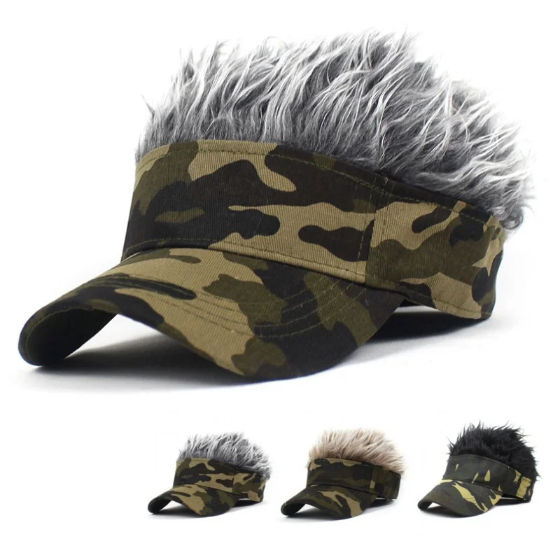 Outdoor Camouflage Armygreen Jungle Sunshade Sunhat Spiked Hairs Wig Hat Sports Baseball Cap Synthetic Short Hair Wigs Hat Visor