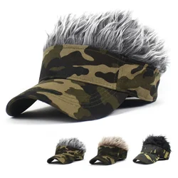 Summer Outdoor Armygreen Camouflage Print Sunshade Sunhat Baseball Cap Spiked Hairs Wig Hat Men Jungle Sports Cycling Hiking Cap