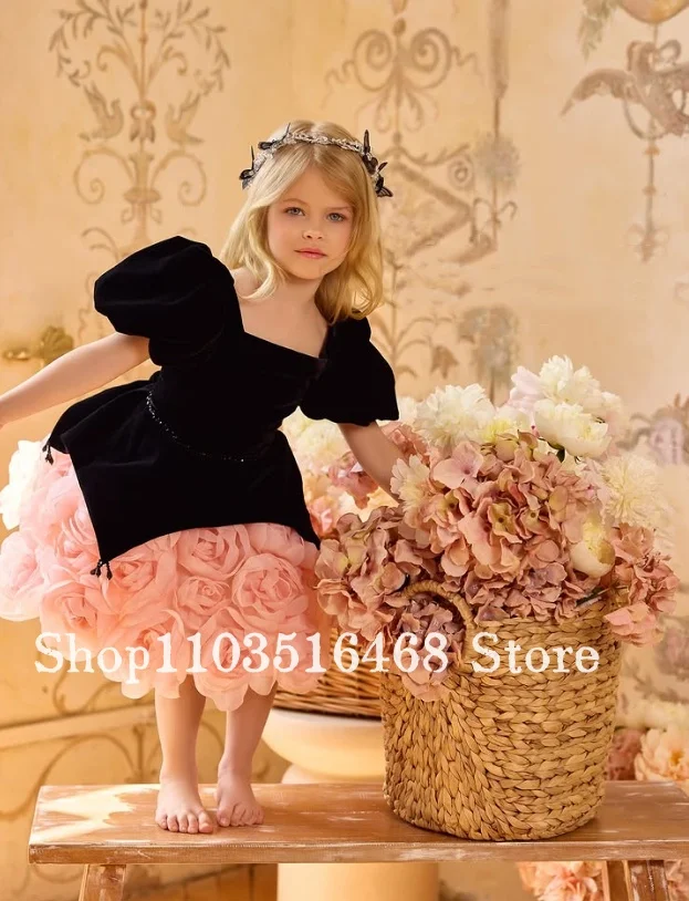 Robes florales personnalisées pour filles, pour enfants, fête d'anniversaire, bal de promo, jupe bouffante en tissu velours, ourlet Floral 3D, anniversaire