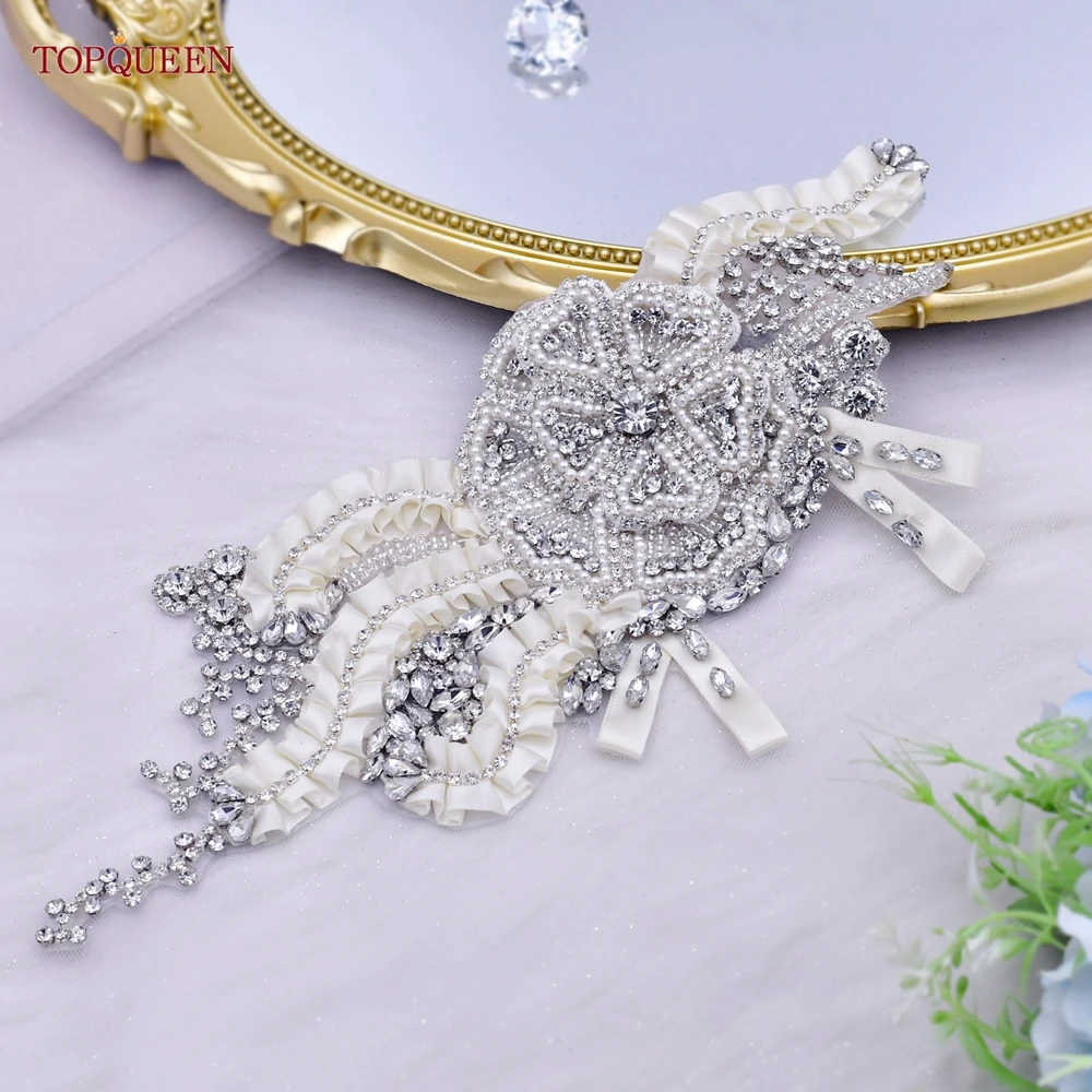 TOPQUEEN S61 Creative Rhinestone Women'S Luxury Brand Belt Handmade Pearl Crystal Ivory Ribbon Fancy Sash Bridal Wedding Accesso