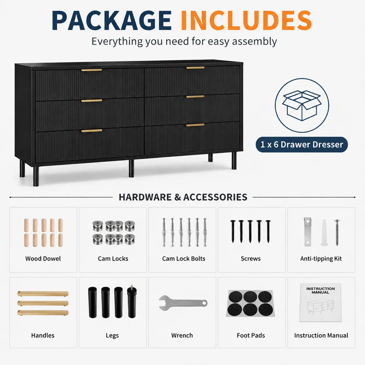 6 Drawer Storage Chest with Fluted Front Design, Wide Wood Dresser Cabinet with Metal Base for Home Organization image 8