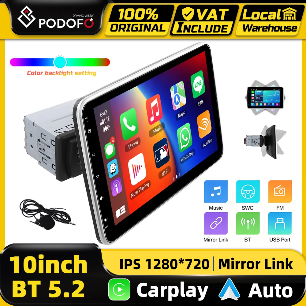 Podofo 10,1-calowy inteligentny ekran samochodowy, multimedialny odtwarzacz wideo, bezprzewodowy CarPlay, Android Auto, inteligentny system samochodowy, WIFI, BT, EQ, FM, RDS, stereo, funkcja Mirror