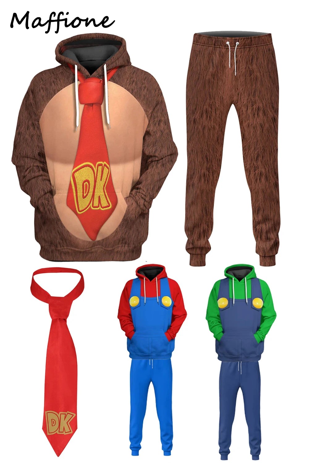 

Donkey Cosplay Hoodie Pants Set Costume Peach Cos Princess Costume Men Women 3D Printed Hooded Sweatshirt Kong Necktie Halloween