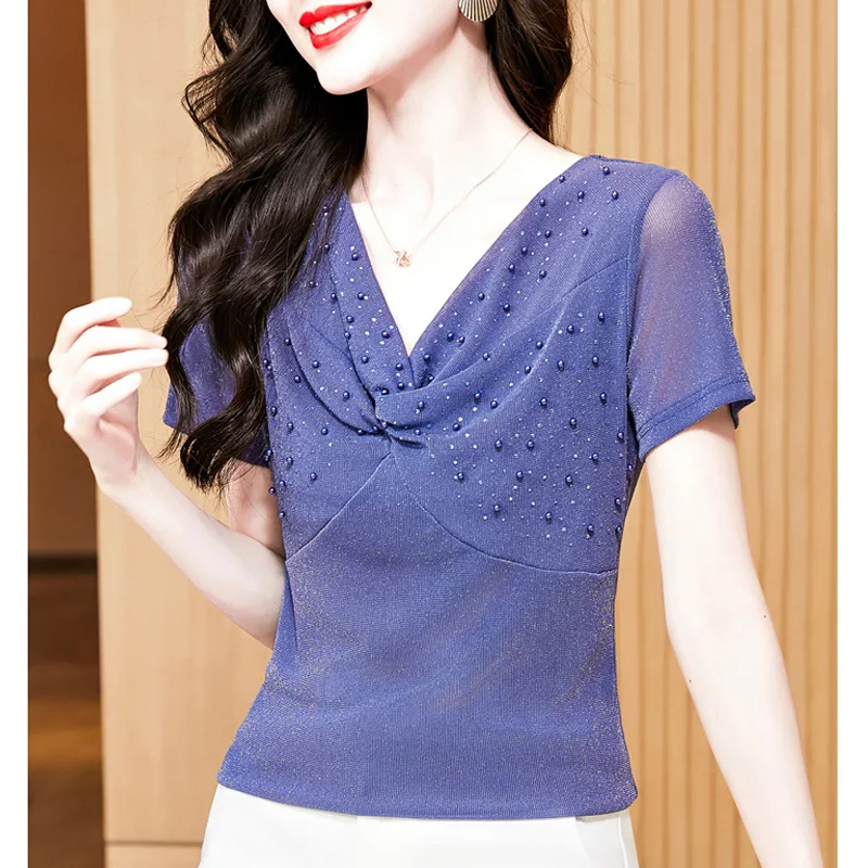 

New Fashion Hot Diamond T Shirt For Women V-neck Bright Silk Beaded Shirt Korean Short Sleeve Summer Mesh Tops