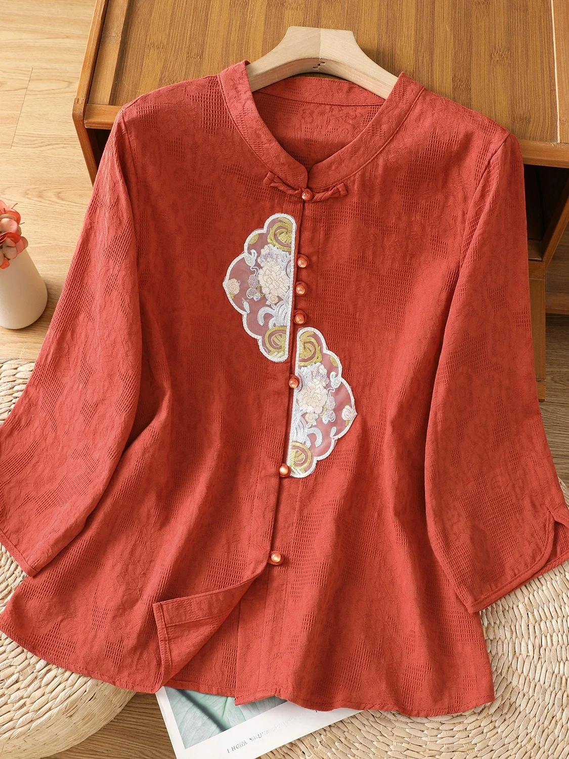 Haut d'été en lin brodé pour femmes, haut de gamme, couleur Vintage chinois, boutonné, irt, coton et lin, 3/4 Sve