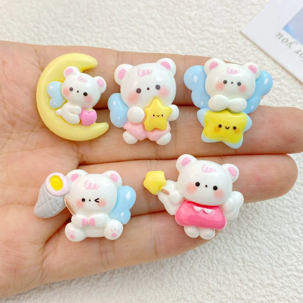 10Pcs New Cute Resin Cartoon Angel Bear Series Flat Back Parts Embellishments For Hair Bows Accessories