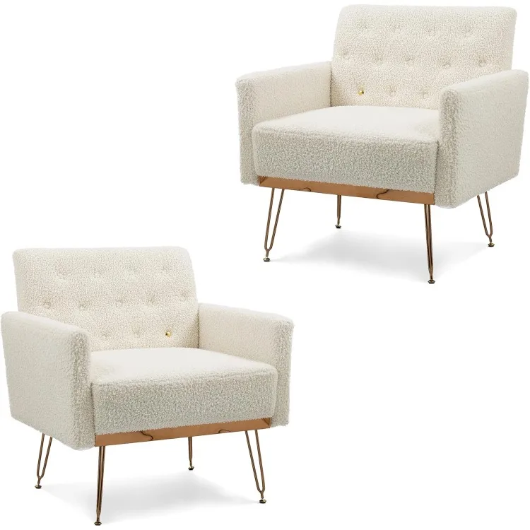 Accent Chair Set of 2,Teddy Armchair Single Sofa Modern Tufted Upholstered Side Reading Chairs with Arm and Gold Metal Leg