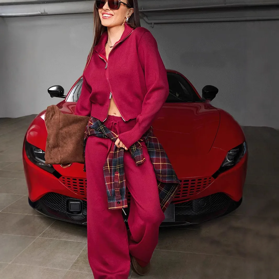 Zekye Women's Knitted Tracksuit Set Zip Up Stand Collar Cropped Jacket Wide Leg Pants Casual Two Piece Outfit Multiple Colors