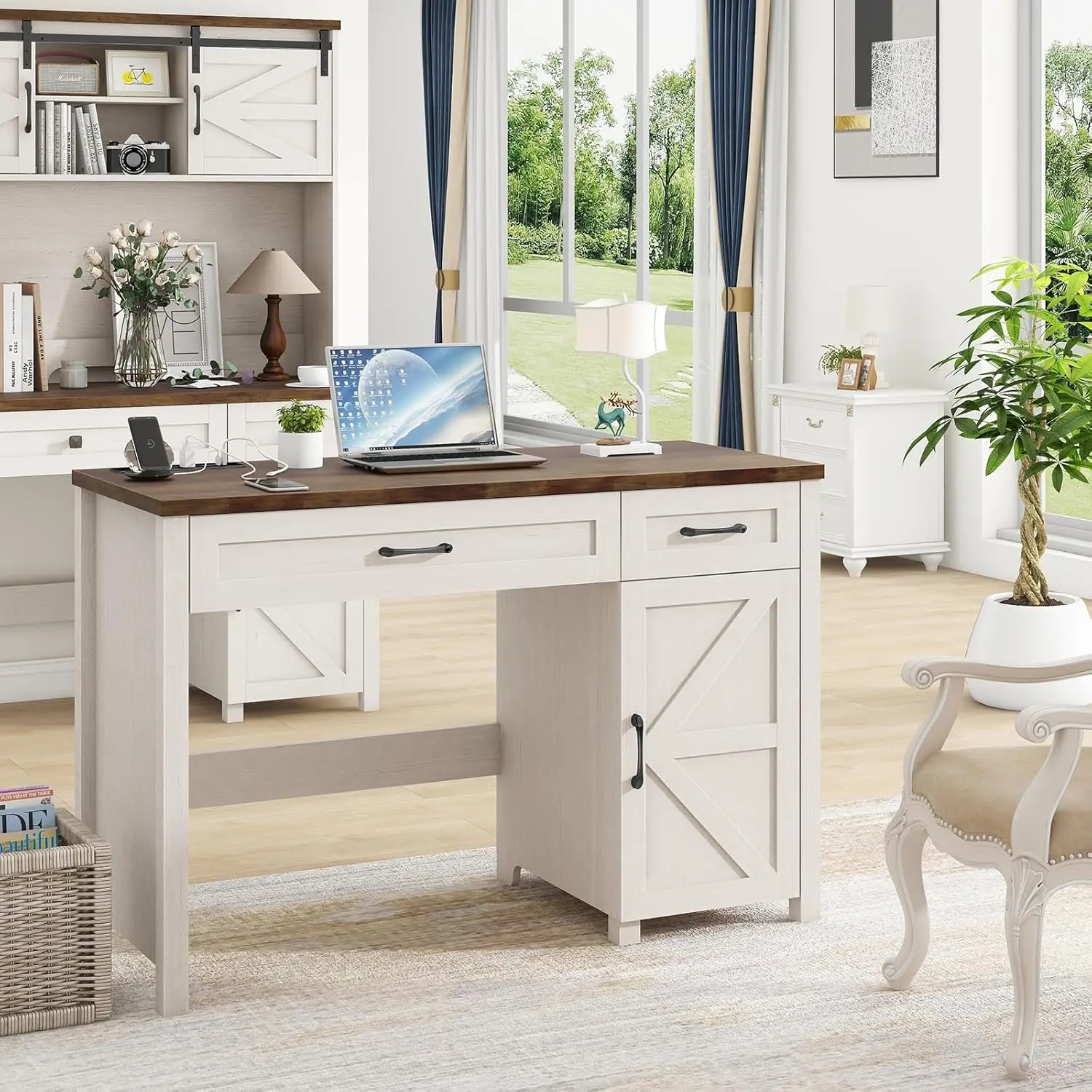 

Farmhouse 47" Executive Desk, Computer Desk with Drawers and Storage Cabinet, Workstation Computer Desk，White