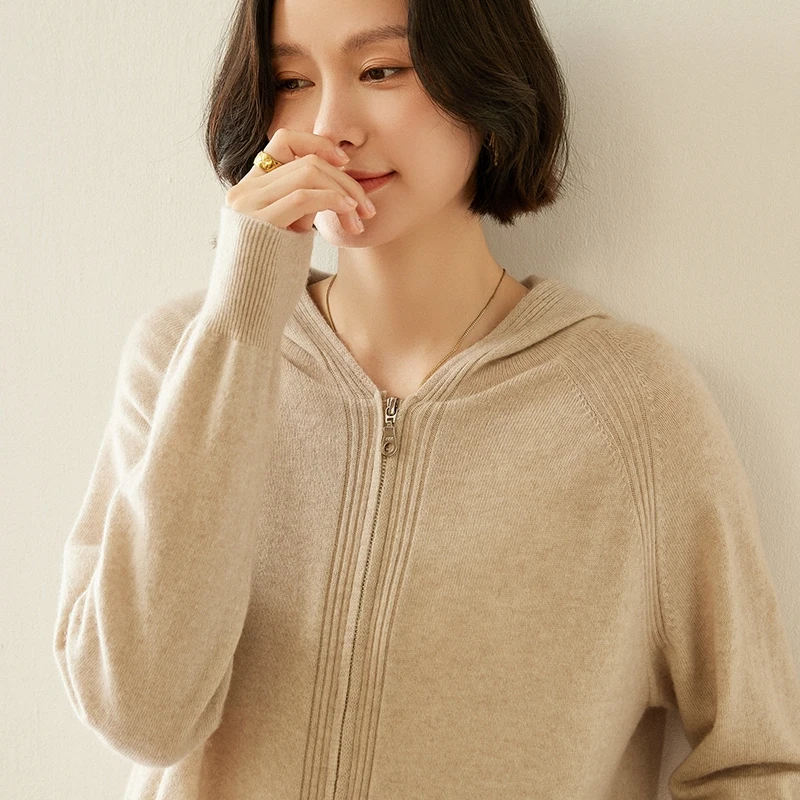 Nowy kaszmirowy kardigan damski na jesień i zimę, długi rękaw, zapinany na zamek, jednolity kolor, luźny wełniany sweter.