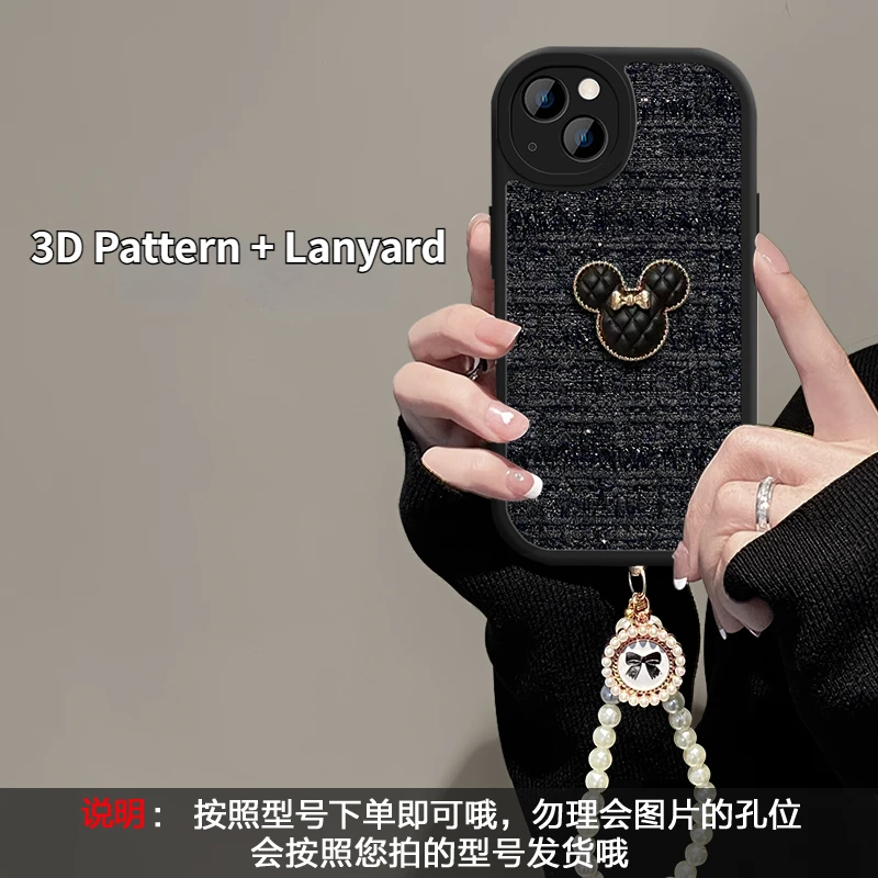 귀여운 3D 만화 패턴 휴대폰 케이스, 아이폰 14 13 12 11 프로 맥스 X XS XR 14 플러스 렌즈 낙하 방지 커버, 진주 끈 체인 포함