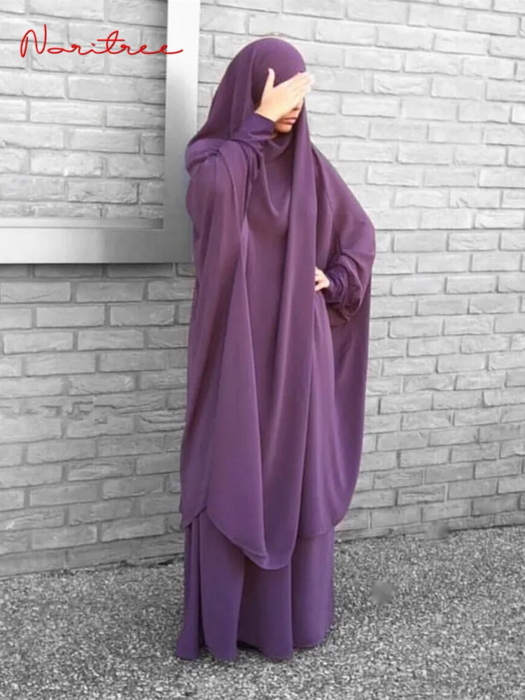 2 Pieces Muslim Prayer Long Sleeve Sets Robe Islamic Abaya Khimar Muslim Women Praying Hijab Dresses Islamic F2799