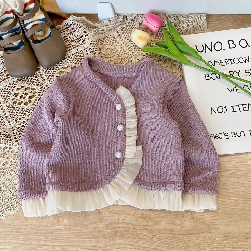 

Spring Autumn Baby Clothes 1-7Y Fashion Baby Girl Princess Lace Cardigans Infant Toddler Child Ruffled Pearl Buttons Casual Coat