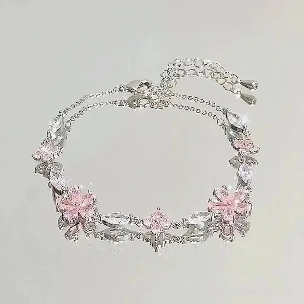 Pulseiras de Cristal Rosa Brilhante com Flor de Cerejeira para Mulheres e Meninas, Pulseira de Zircônia com Laço de Lua Doce e Flores, Joias Estéticas para Festas