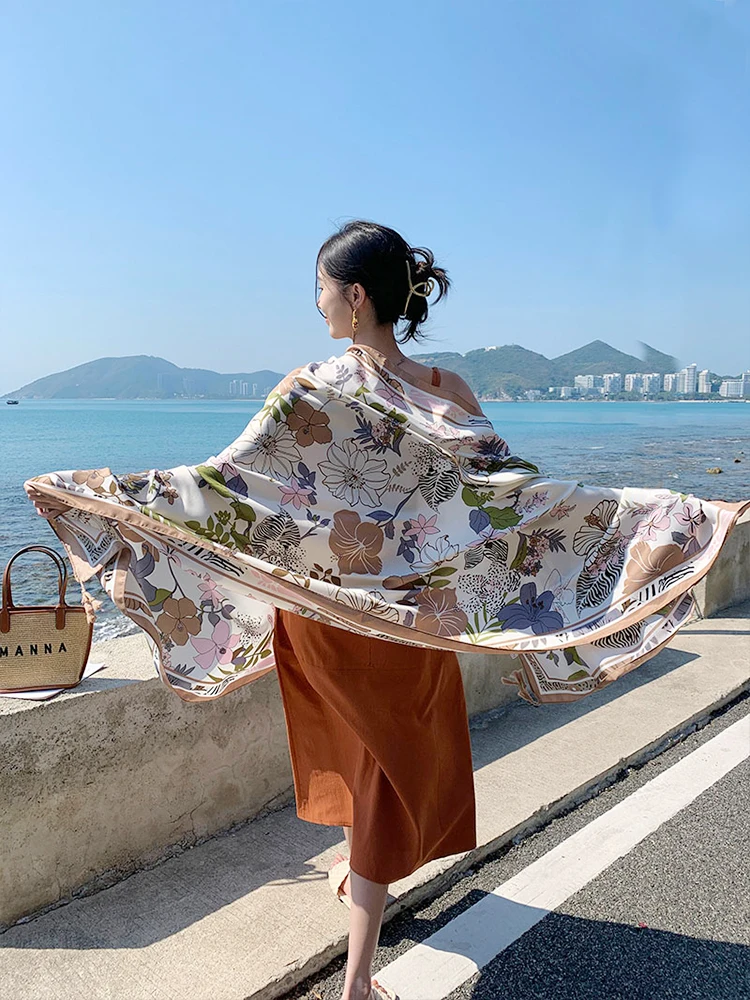 New Summer Fashion Elegant Women Silk Scarf Beach Wrap Shawl Floral Sunscreen Bandana Hijab Mujer Bohemian Musulman Scarve Pareo