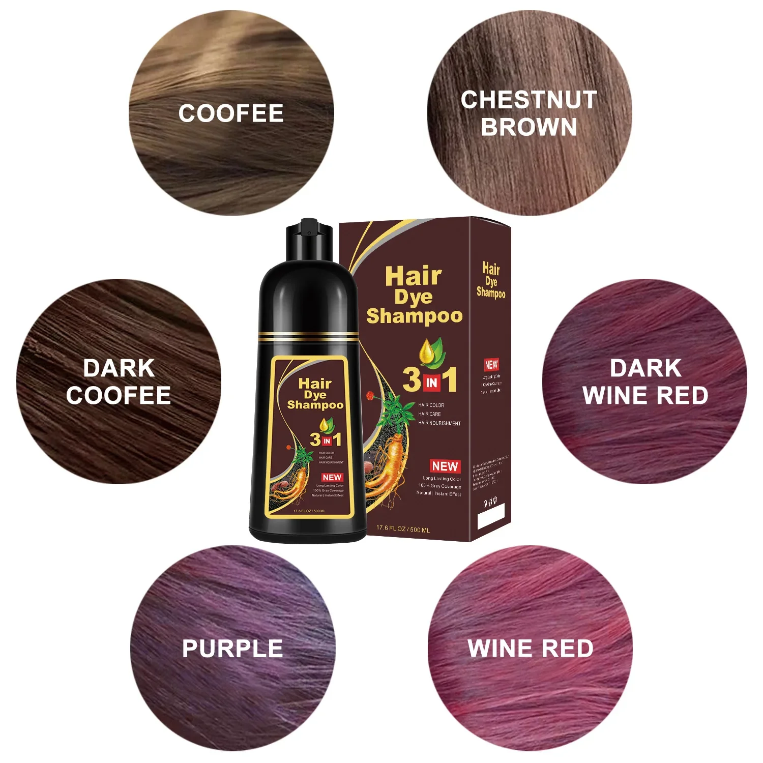 500ml Original 3in1 Hair Darkening Dye Shampoo Natural herb Polygonum Multiflorum Long-Lasting Fast Cover White Hairs Man Women