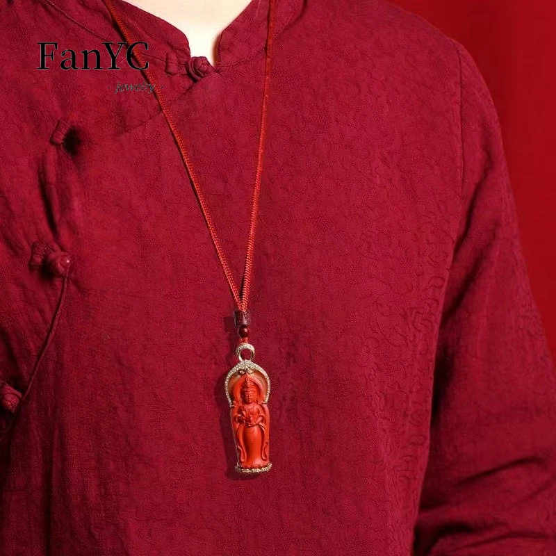 S925 Silver Inlaid Jade Cinnabar GuanYin Pendant Red Sand Bodhisattva Men\'s and Women\'s Necklace Exquisite Jewelry Mascot