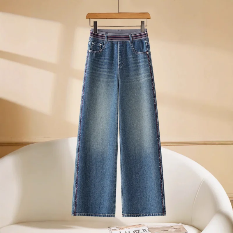 

Fashion Wide-Leg Jeans for Women, Autumn Elastic High Waist Loose Versatile Draped Embroidered Straight Pants