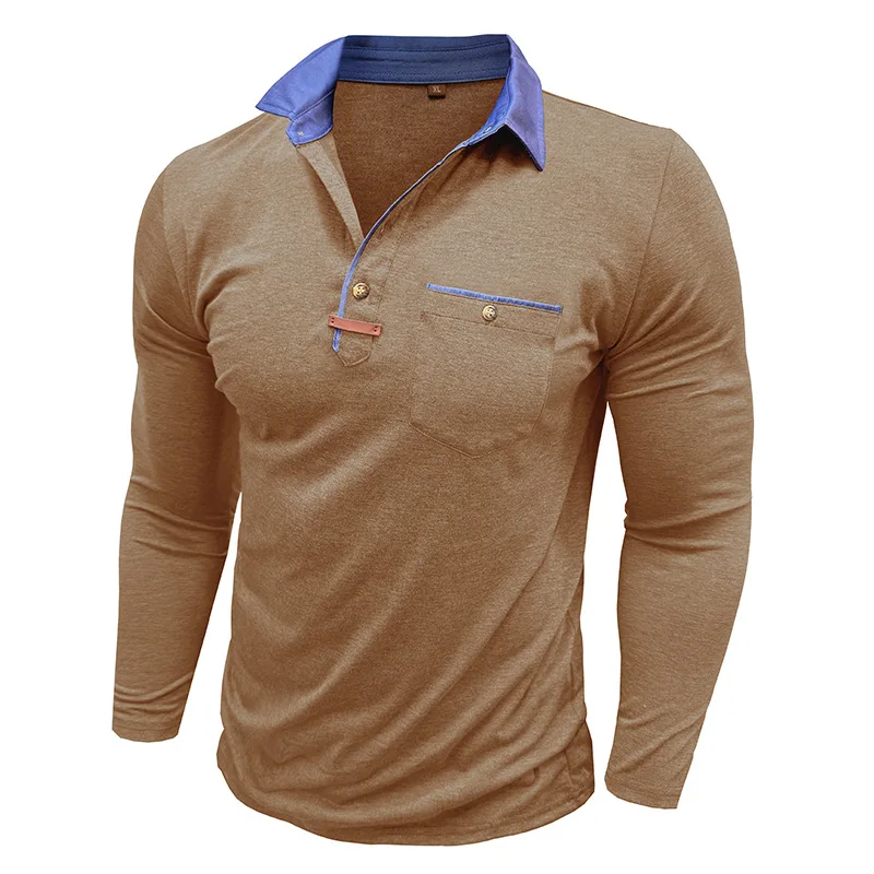 Langarm-Poloshirt für Herren, lässig, schmale Passform, Henley-Kragen, T-Shirt mit Tasche, Smart Blend Tops – Detail 36