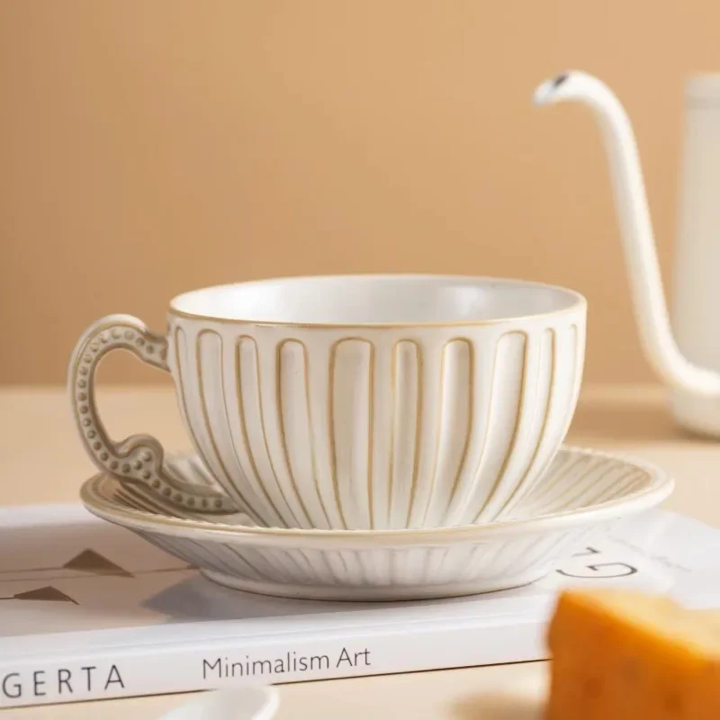 A13 White Stripe Simple Elegant Kiln-Transformed Ceramic Coffee Cup And Saucer Set - Modern Ceramic Coffee Cup