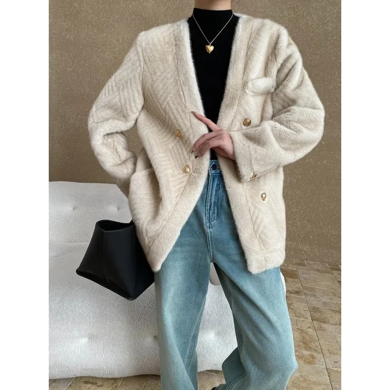 Women V-neck Fake Fur Mink Velvet Coat French Chic Elegant Loose Casual Basic Luxury Grey Simple Fur Mixed Fur Warm Coat