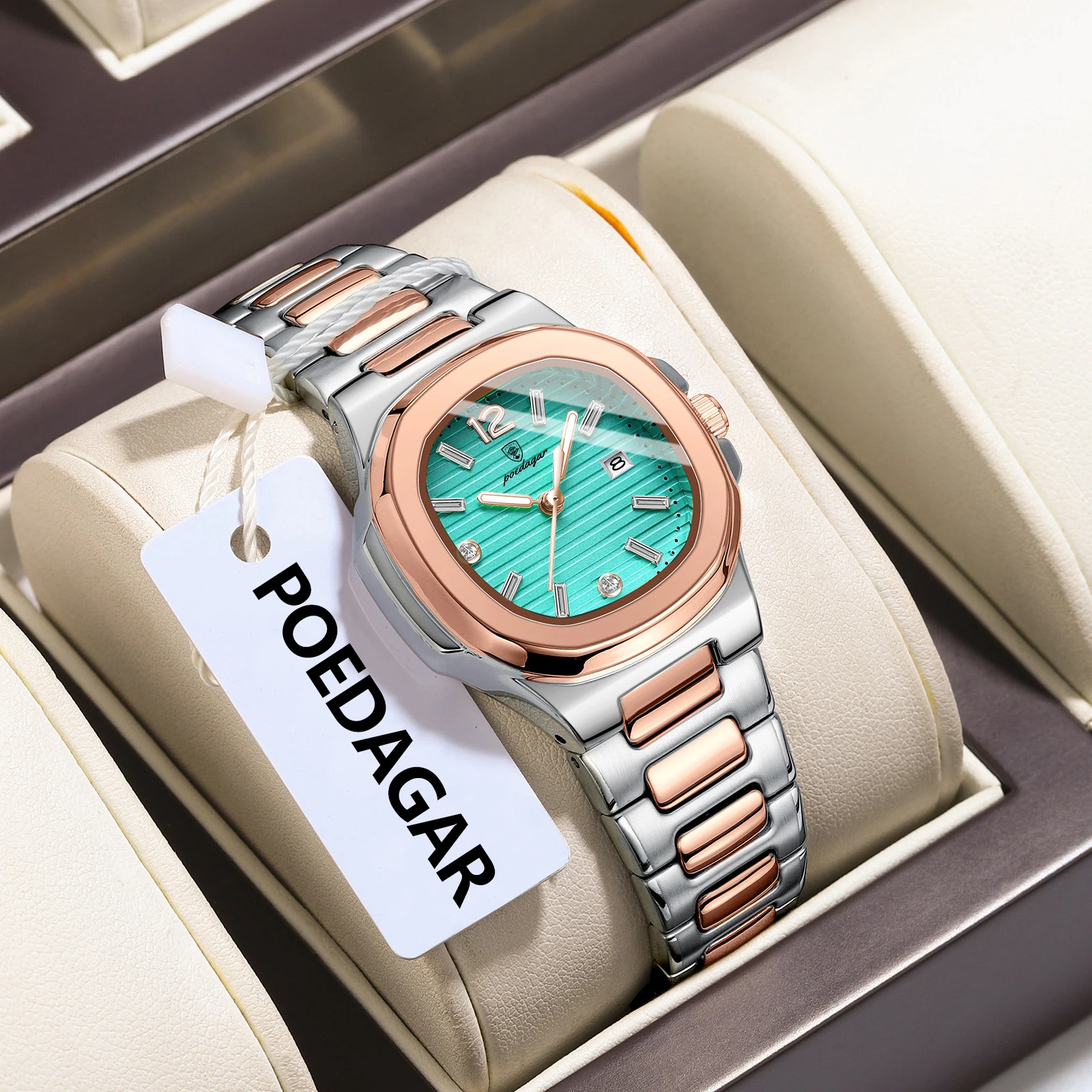 POEDAGAR ساعة يد فاخرة للسيدات مضيئة مقاومة للماء من الفولاذ المقاوم للصدأ ساعة تاريخ للمرأة أنيقة كاجوال كوارتز ساعات نسائية