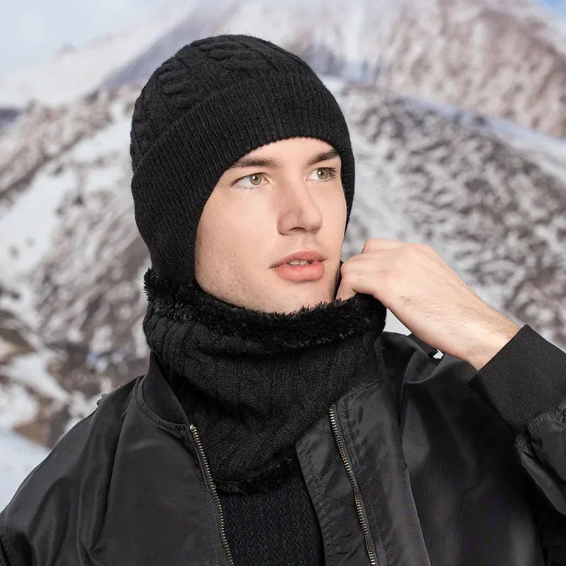 Ensemble de Chapeaux et Écharpes d'Hiver 2 en 1 pour Homme, Mélange de Laine, Protection des Oreilles Chaudes, Motifs Standardisés, Écharpe Snood en Velours avec Rabat