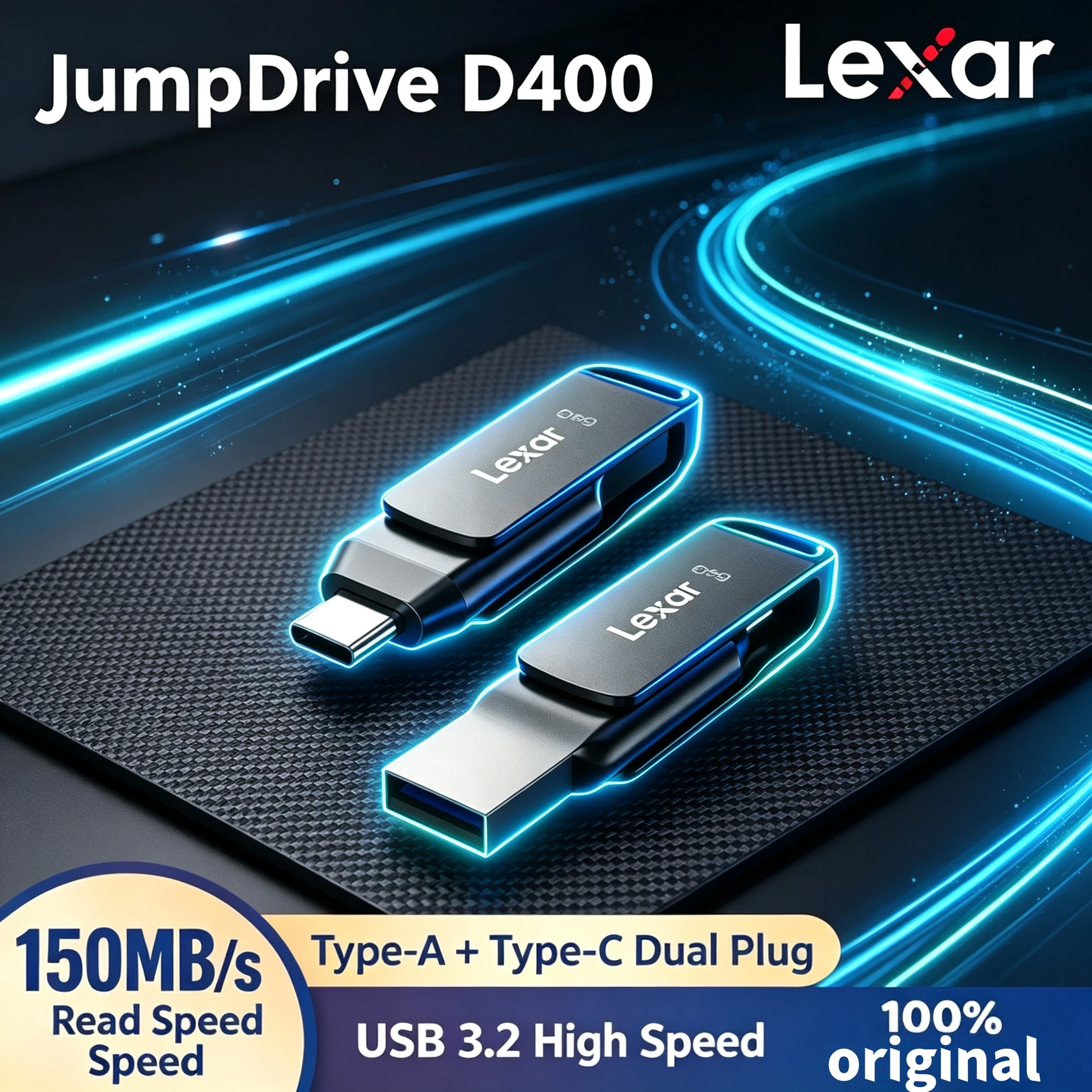 Lexar D400 Dual USB Flash Drive USB-C USB-A Connector USB 3.2 Speed Compatible With iPhone 15 PC Mac 360 Rotating Cap