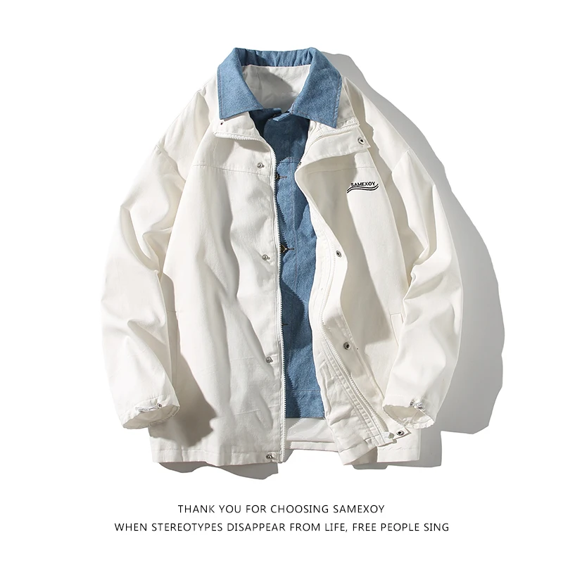 

Loose Fit Men's Denim Patchwork Jaet Fake Two-Piece Baseball Sle Casual Outerwear Spring Autumn New Trendy Brand Coat