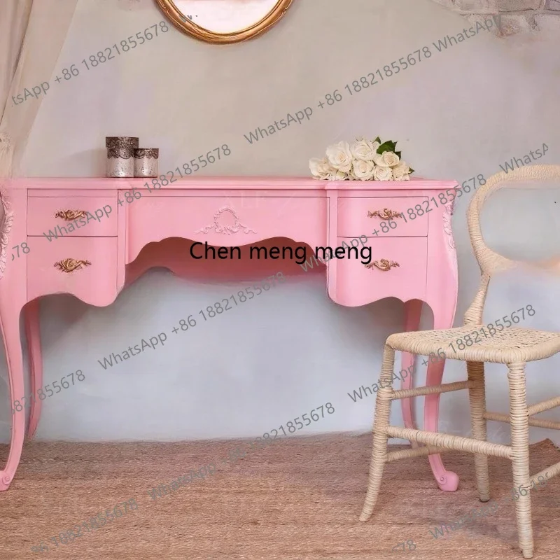 

European retro solid wood dresser, white carved multi-drawer makeup table, bedroom R