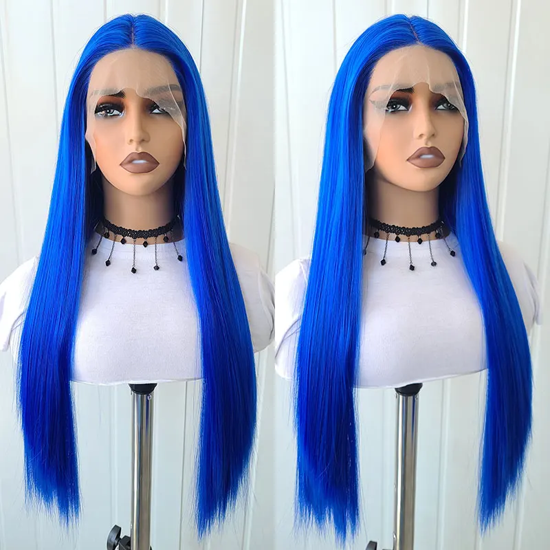 Bright Blue Color Straight Wig Synthetic Lace Front Wigs High Quality Heat Resistant Fiber Natural Hairline For Fashion Women