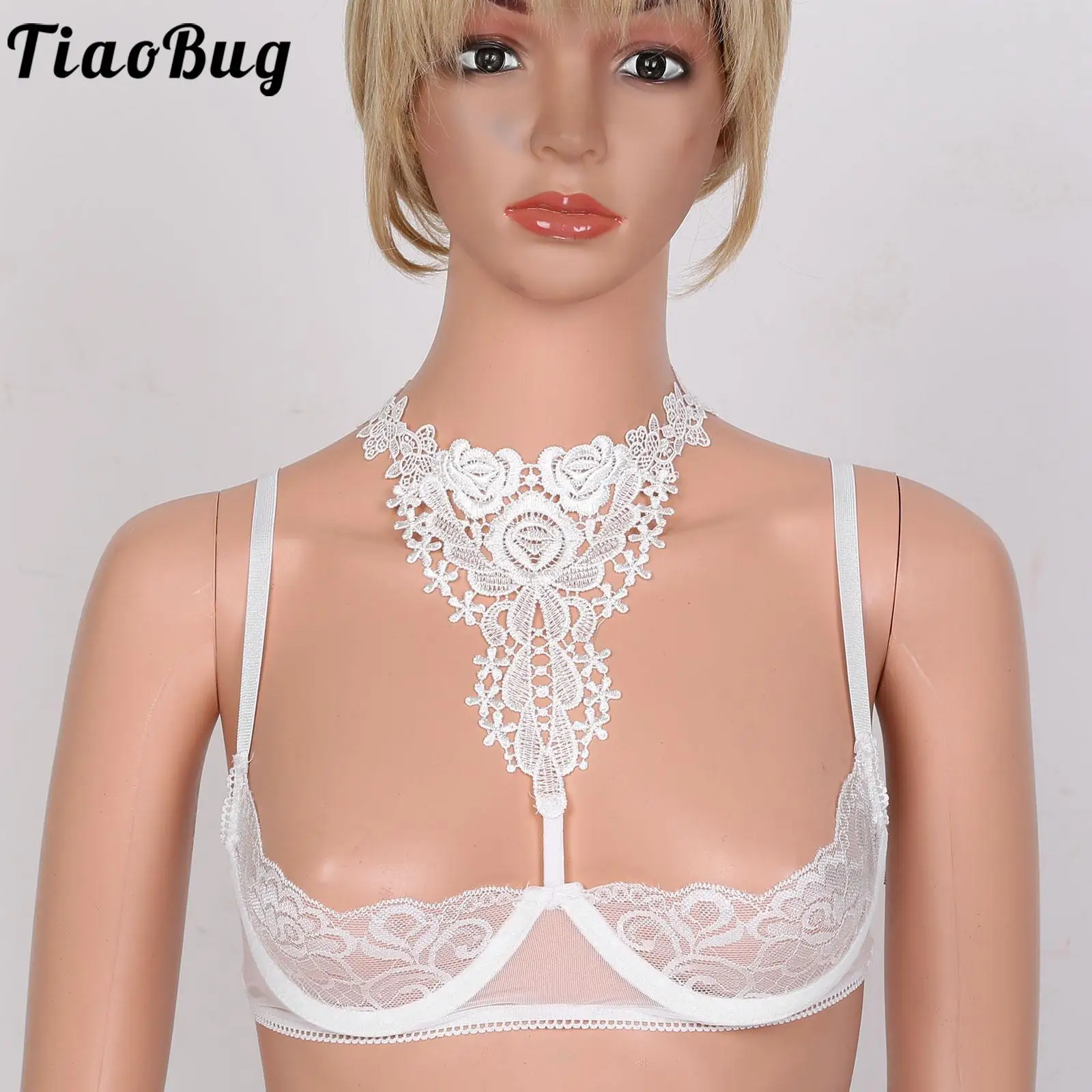 Lace Halter Neck See-through Bra Top Womens Sissy Underwired Unlined Tops Bare Breast Underwear for Night Anniversary Honeymoon