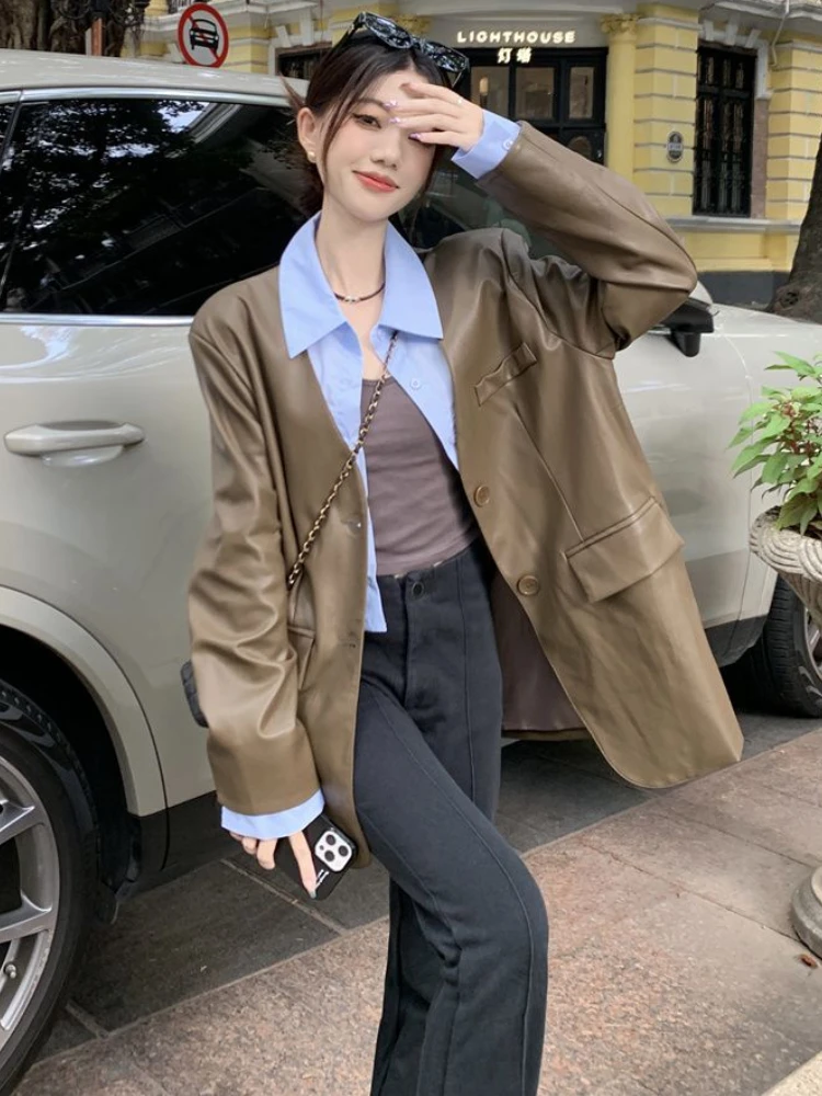 Korean Button Fake Two Leather Jacket Women 2023 Winter Loose Thin Leather Suit Blazers Female Casual Streetwear PU Chic Coats