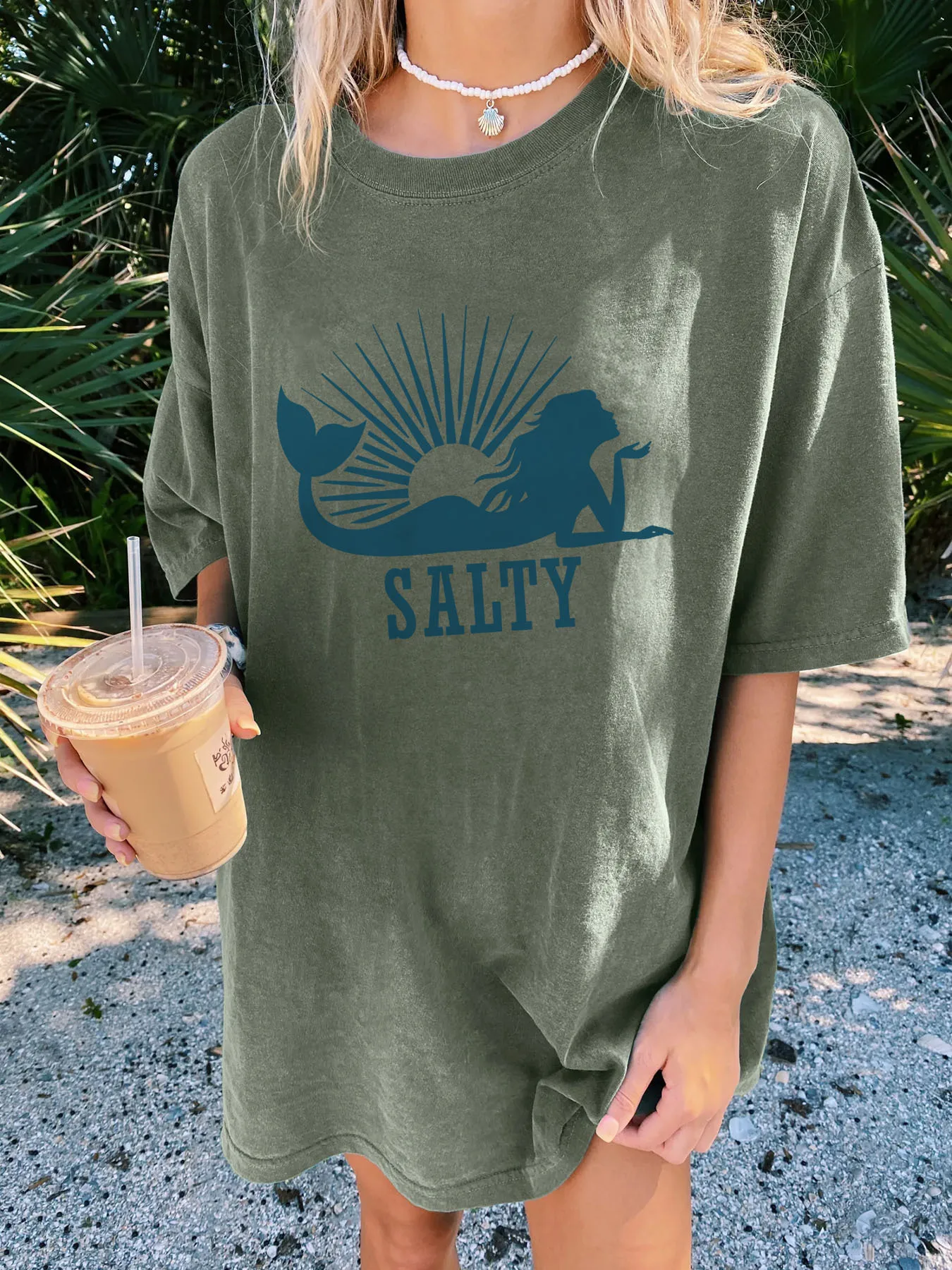 

Летняя футболка больших размеров с рисунком «Солоная русалка», повседневная свободная посадка с круглым вырезом и короткими рукавами, женские дышащие топы