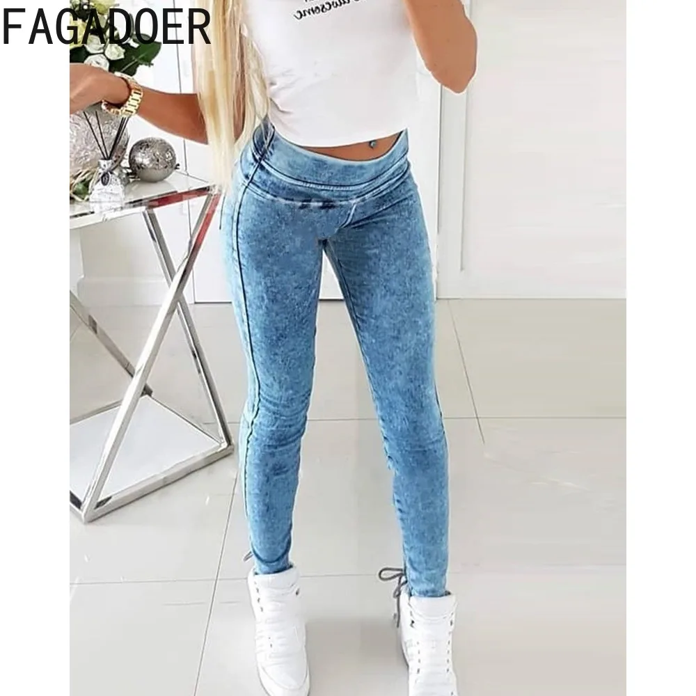 FAGADOER Blue Denim Fashion Solid Bandage Hollow Skinny Pants Women High Waist Skinny Jean Trousers Casual Female Cowboy Bottoms