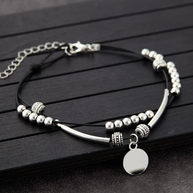 Bohemian Multi-layered Ankle Chain with Silver Bead Chains and Adjustable Curved Bar Suitable for Daily Wear on Vacation Beaches