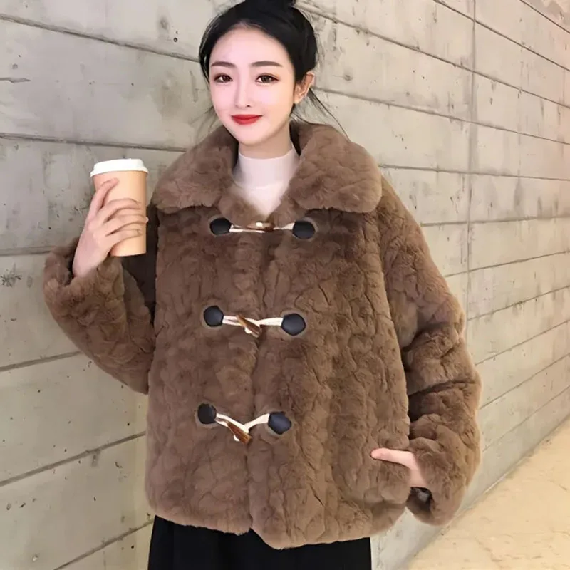 Lamb Hair Coat Women Short Jacket Autumn/Winter Korean Imitation Fur Coat New Thicke Cowhorn Buckle Plush Coat Female Outerwear