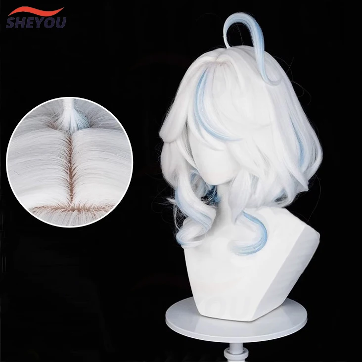 Fontaine Focalors Cosplay Wig  Furina Wigs Short White Blue Curly Women Wigs Heat Resistant Hair Anime Wigs + Wig Cap