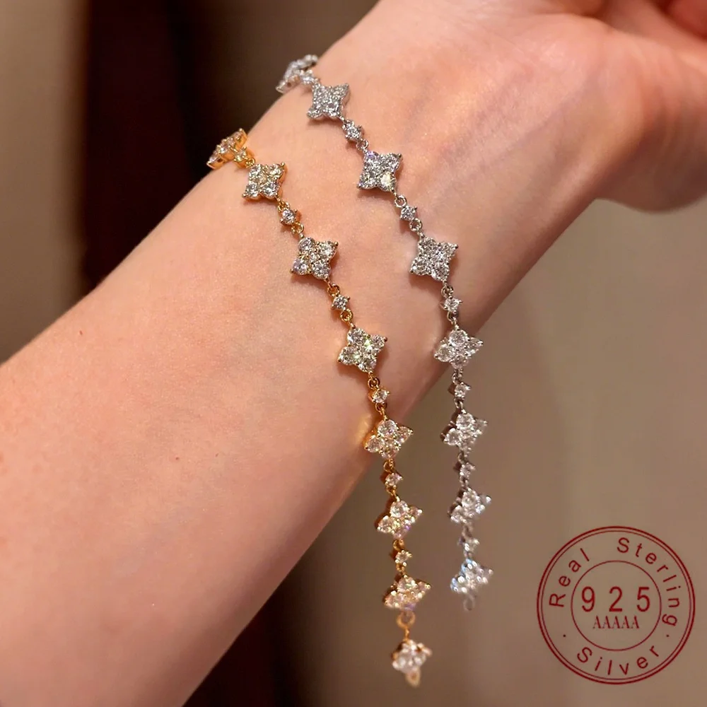

Изящный браслет с муассанитом в форме звезды для женщин | Браслет с блестящими подвесками из стерлингового серебра 925 пробы, украшение для повседневной носки, подарок