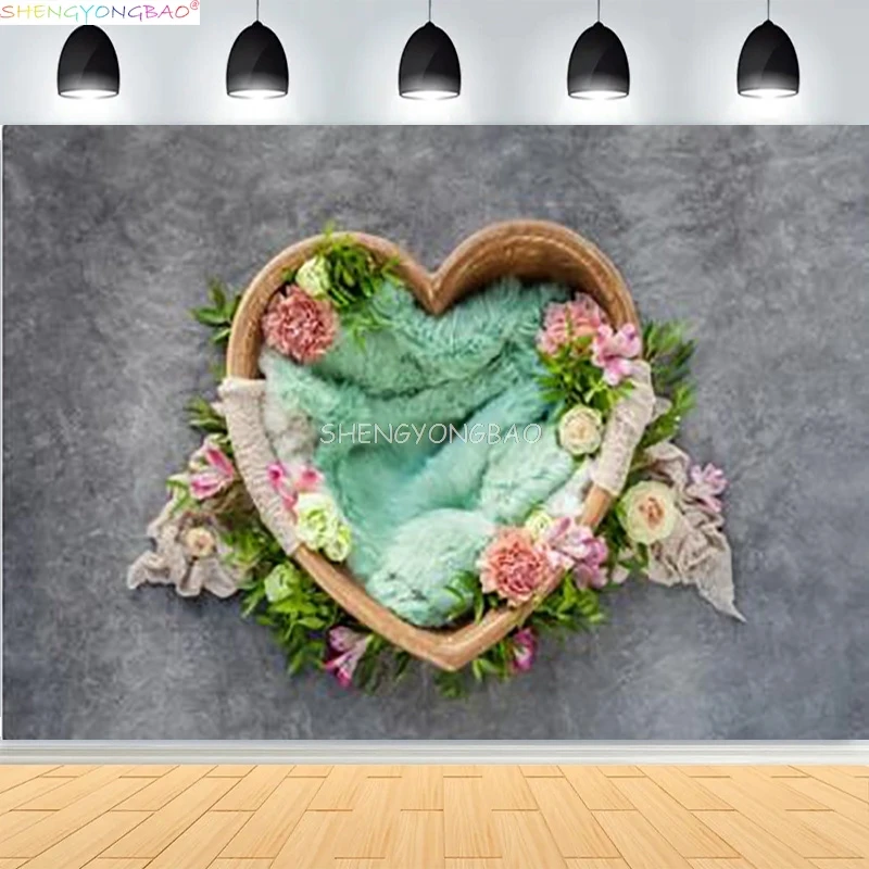 

Newborn Backdrop For Photography Wooden Basket With Stuffing Floral Wreath Background Hundred Days Baby Photo Studios Prop YM-08