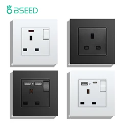 BSEED Single Wall Socket Type-c Dual USB 2.1A Power Outlets UK Standard Plug Glass Frames On OFF Button 13A 146mm