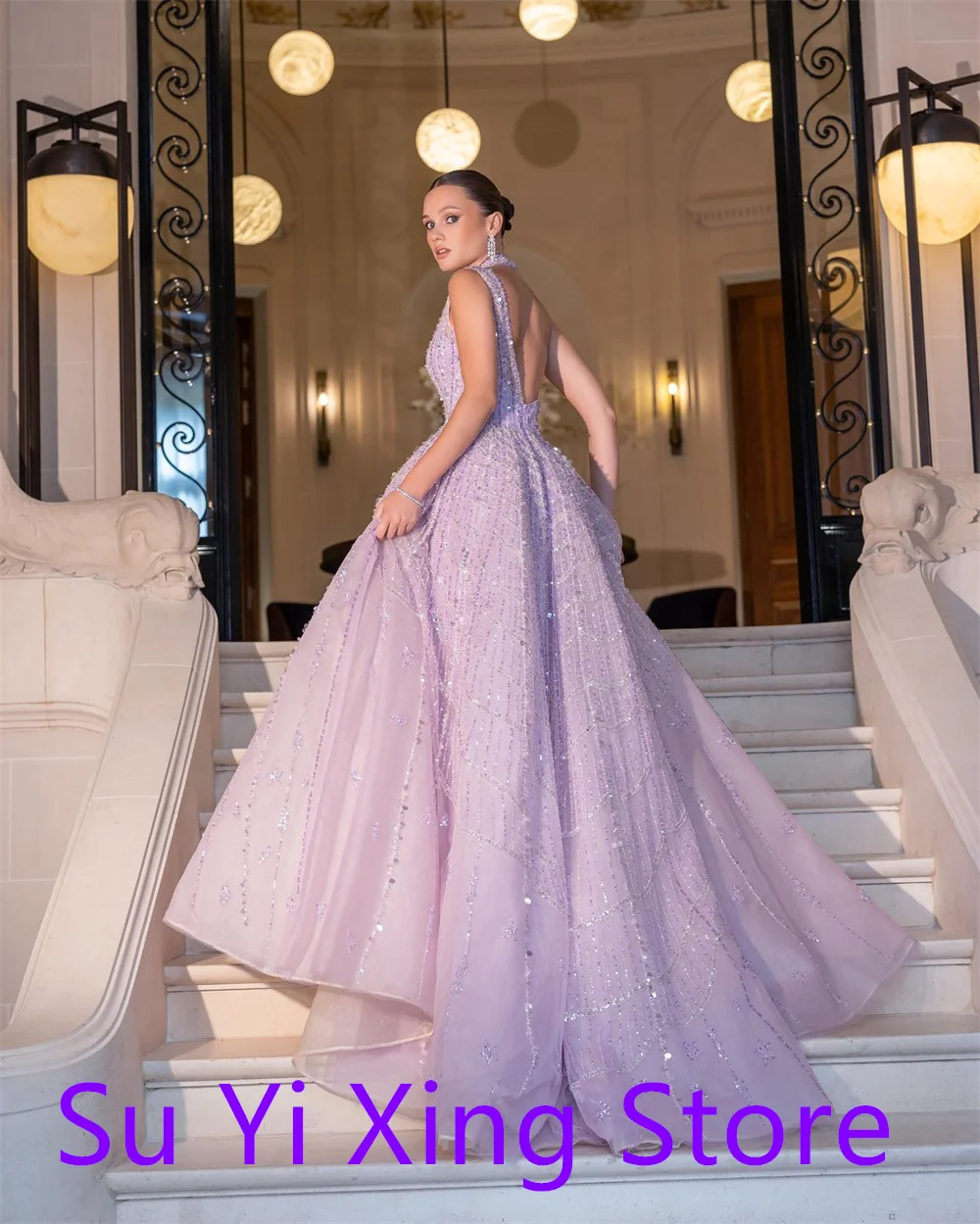 Customized Exquisite Purple  Homecoming Dress Sparkly Crew Neck V-Neck Tiered Crystal Backless  Customized Vestido De Festa
