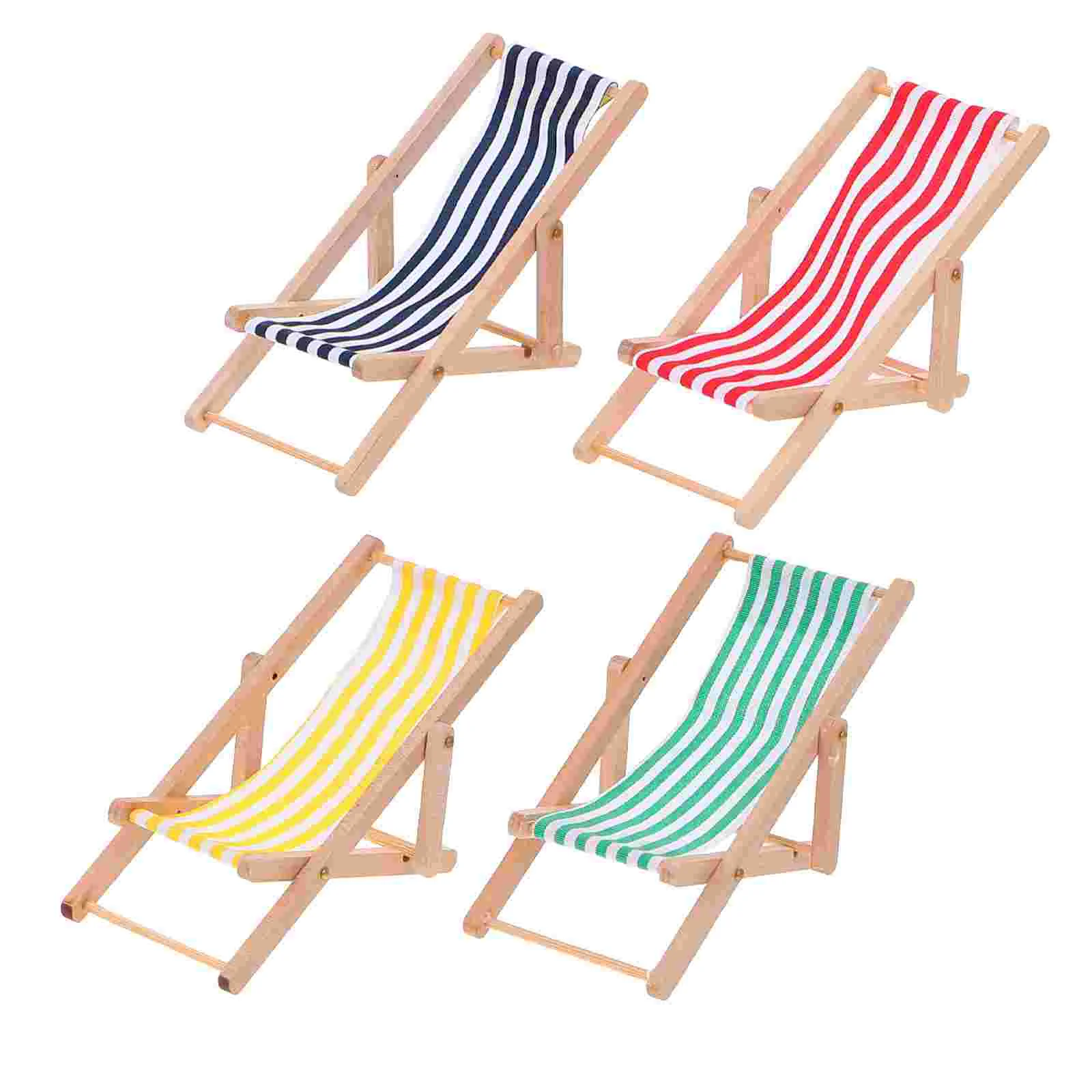 

4 Pcs Chaise Lounge Striped Chair Mini Models Wooden Beach Landscape Adornments Pattern Chairs