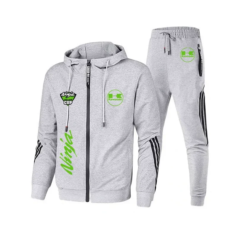 Kawasaki logo motorcycle team men's hooded long pants set, spring and autumn casual zipper sports shirt 2025 new jacket set