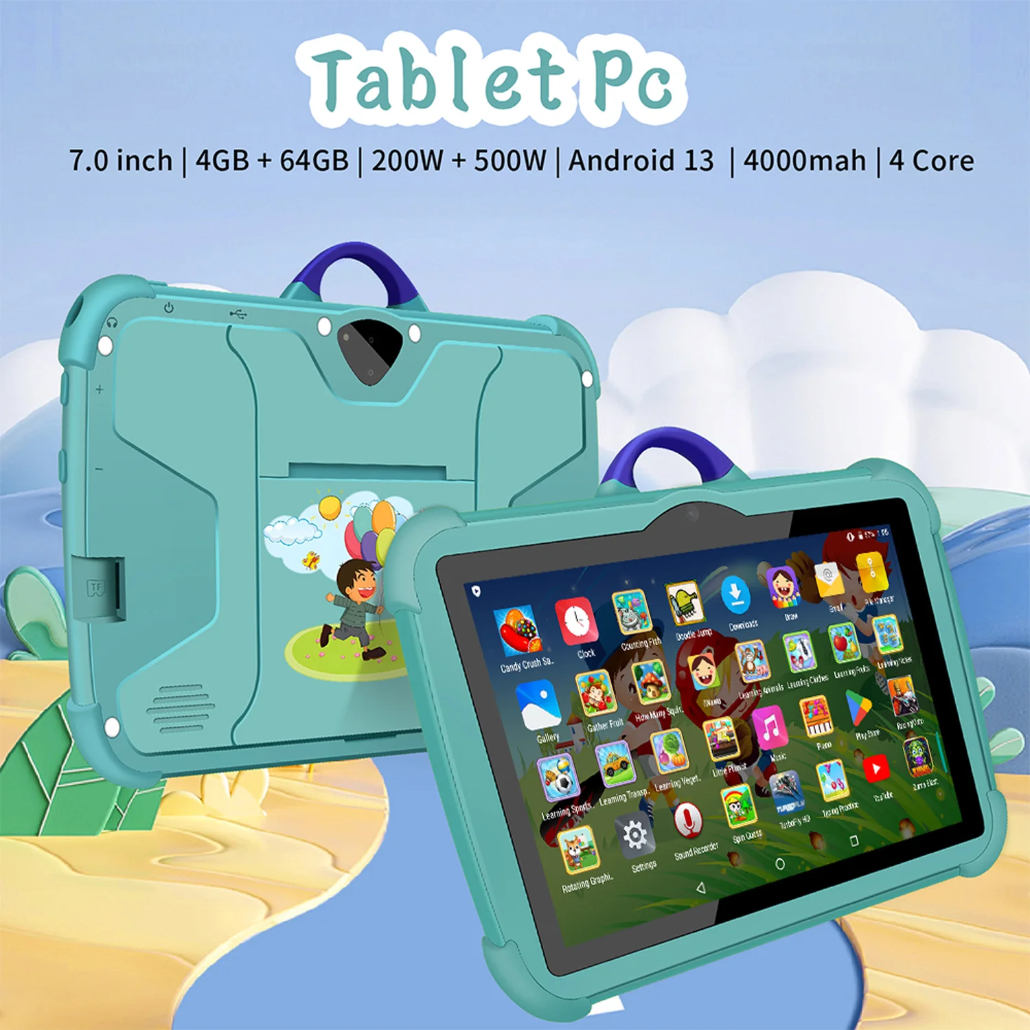 Nueva tableta de dibujos animados de 7 pulgadas para niños, juegos educativos de aprendizaje, tabletas de cuatro núcleos, 4GB de RAM, 64GB de ROM, cámaras duales, regalos para niños