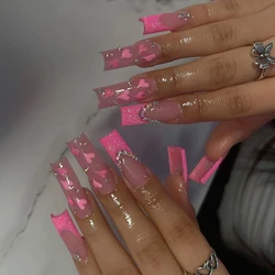 Women Girls Trend 24Pcs/Set Long Ballet French Heart Glitter Stone Decoration Full Coverage Wearable Fake Nail Press on Nail Art