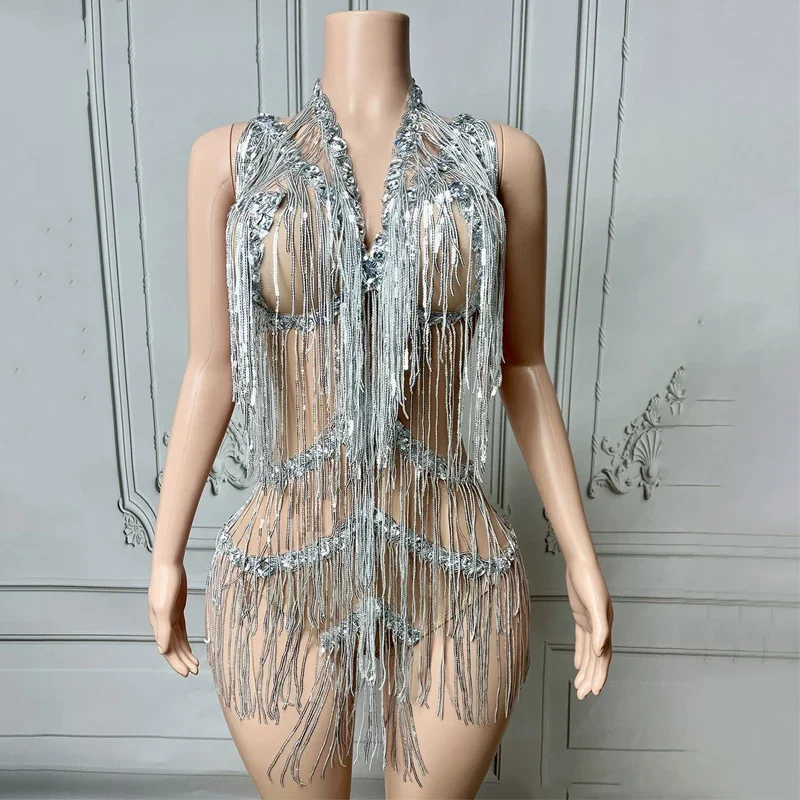 Diamond party outfit Rhinestones Fringed Bodysuit Women Party Pole Dancer Costume Bar DJ Stage Rave Outfit Performance Wear