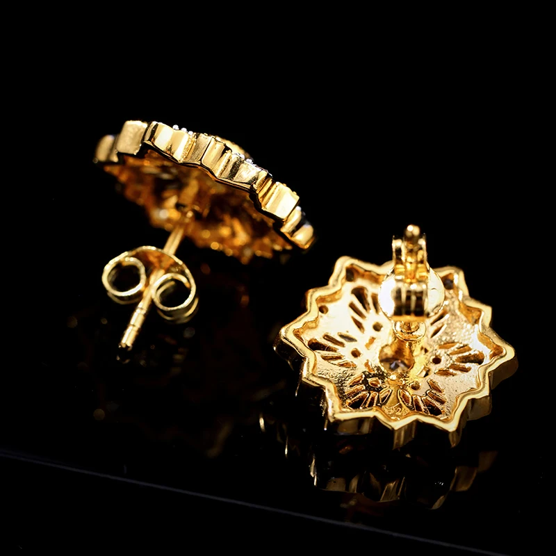 Sollievo series, flower-shaped retro sparkle, woven carved gold Italian style earrings S925 silver-plated female